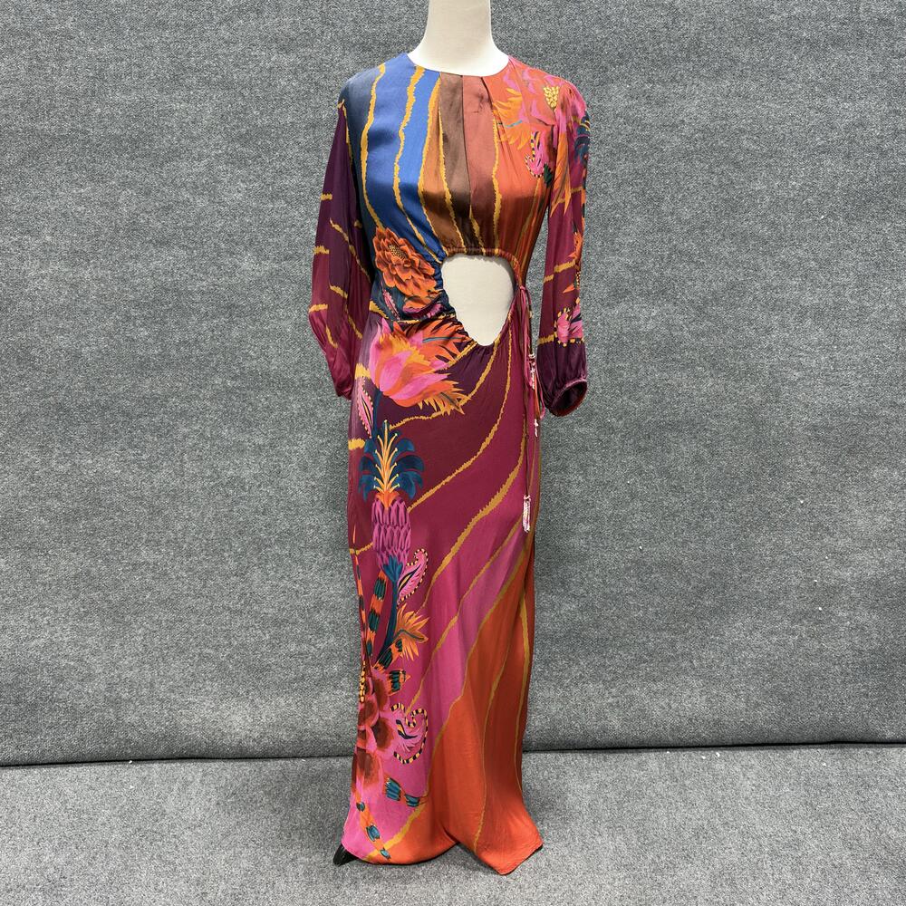Farm Rio Dress Womens XS Multicolor Floral Cut Out Maxi Long Sleeve Party